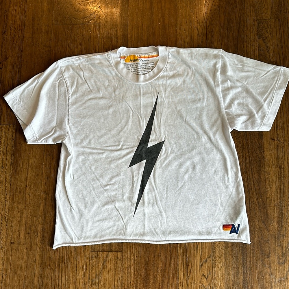 Aviator Nation White Tee with Black Lightning Bolt